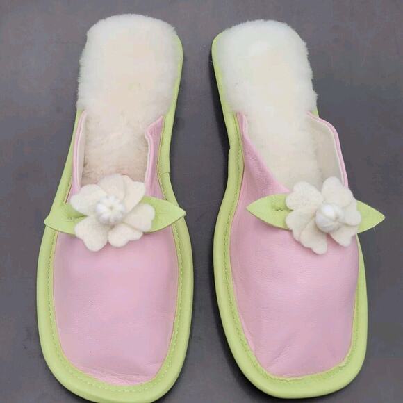 Vtg Amy Jo Gladstone Pink & Green Slide Slippers Size M Leather - Picture 5 of 9